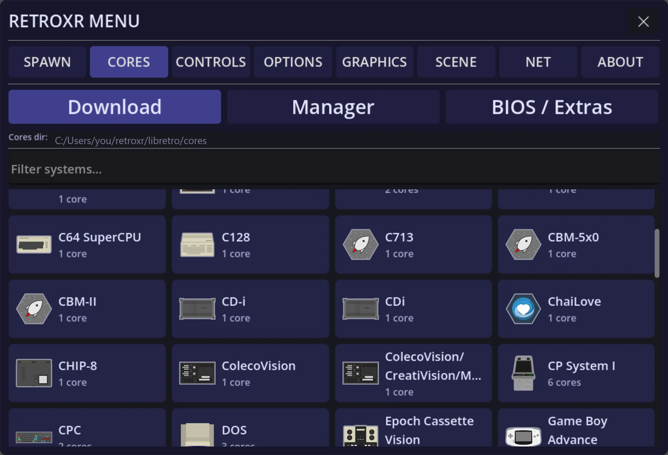 The core downloader: a scrollable grid of systems, each showing how many cores are available.